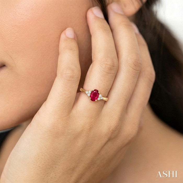 1/20 Ctw Oval Cut 6X4 MM Ruby and Round Cut Diamond semi-precious Ring in 10K Yellow Gold