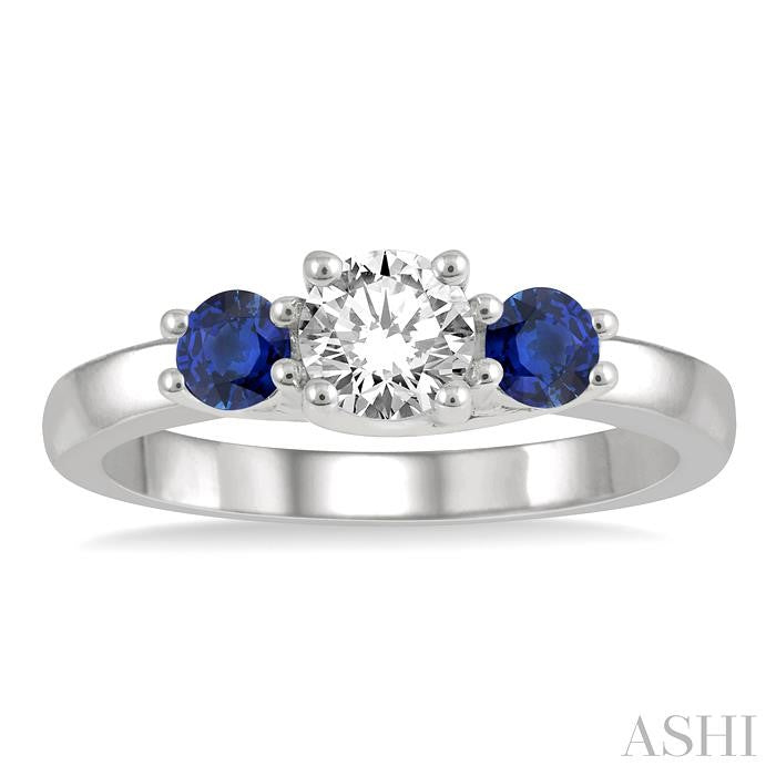 3.50 MM Round Shape Sapphire and 3/8 Ctw Past Present and Future Round Cut Diamond Precious Ring in 14K White Gold