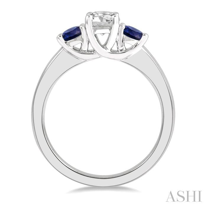 3.50 MM Round Shape Sapphire and 3/8 Ctw Past Present and Future Round Cut Diamond Precious Ring in 14K White Gold