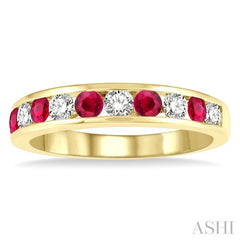 2.6 MM Round Shape Ruby and 3/8 Ctw Round Cut Diamond Precious Wedding Band in 14K Yellow Gold