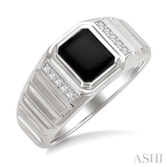 1/10 Ctw 8X7 MM Emerald Cut Onyx and Round Cut Diamond Semi-Precious Men's Ladder Groove Shank Ring in 10K White Gold