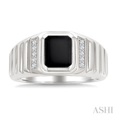 1/10 Ctw 8X7 MM Emerald Cut Onyx and Round Cut Diamond Semi-Precious Men's Ladder Groove Shank Ring in 10K White Gold