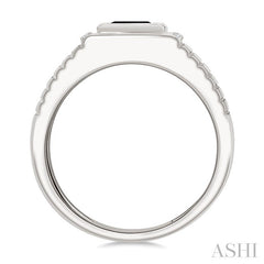 1/10 Ctw 8X7 MM Emerald Cut Onyx and Round Cut Diamond Semi-Precious Men's Ladder Groove Shank Ring in 10K White Gold