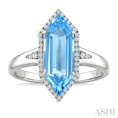 16X6 MM Evoque Gemstones Hexagon Shape Blue Topaz and 1/5 Ctw Round Cut Diamond Semi-Precious Ring in 10K White Gold