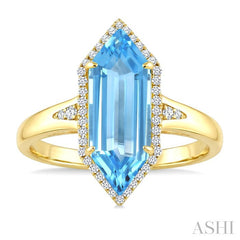 16X6 MM Evoque Gemstones Hexagon Shape Blue Topaz and 1/5 Ctw Round Cut Diamond Semi-Precious Ring in 10K Yellow Gold