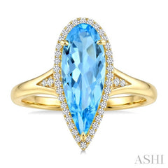 16X6 MM Evoque Gemstones Pear Shape Blue Topaz and 1/6 Ctw Round Cut Diamond Semi-Precious Ring in 10K Yellow Gold