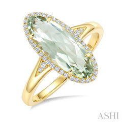 16X6 MM Evoque Gemstone Oval Shape Green Amethyst and 1/6 Ctw Round Cut Diamond Semi-Precious Ring in 10K Yellow Gold