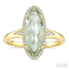 16X6 MM Evoque Gemstone Oval Shape Green Amethyst and 1/6 Ctw Round Cut Diamond Semi-Precious Ring in 10K Yellow Gold