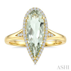 16X6 MM Evoque Gemstone Pear Shape Green Amethyst and 1/6 Ctw Round Cut Diamond Semi-Precious Ring in 10K Yellow Gold