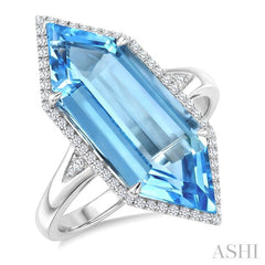 22X8 MM Evoque Gemstones Hexagon Shape Blue Topaz and 1/4 Ctw Round Cut Diamond Semi-Precious Ring in 14K White Gold