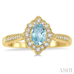6x4 MM Oval Shape Aquamarine and 1/5 Ctw Round Cut Diamond Semi-Precious Ring in 10K Yellow Gold