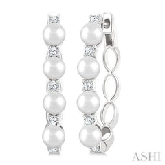 1/4 Ctw 4MM White Pearl and Round Cut Diamond Fashion Hoop Earrings in 14K White Gold