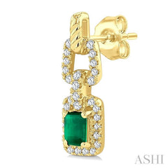 1/4 Ctw 4X3MM Octagon Shape Emerald and Round Cut Diamond Halo Precious Link Earrings in 14K Yellow Gold