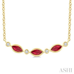 4X2 MM Marquise Shape Ruby and 1/50 Ctw Round Cut Diamond Precious Bar Necklace in 10K Yellow Gold