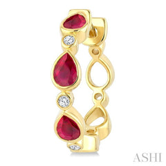 4X3 MM Pear Shape Ruby and 1/20 Ctw Bezel Set Round Cut Diamond Fashion Hoop Earrings in 10K Yellow Gold
