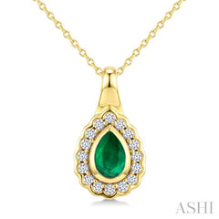 6X4 MM Pear Shape Emerald and 1/6 Ctw Round Cut Diamond Bold Precious Pendant With Chain in 10K Yellow Gold