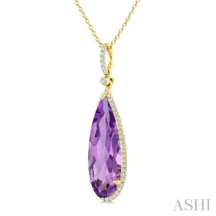 22X8 MM Evoque Gemstones Pear Shape Amethyst and 1/4 Ctw Round Cut Diamond Semi-Precious Pendant With Chain in 14K Yellow Gold