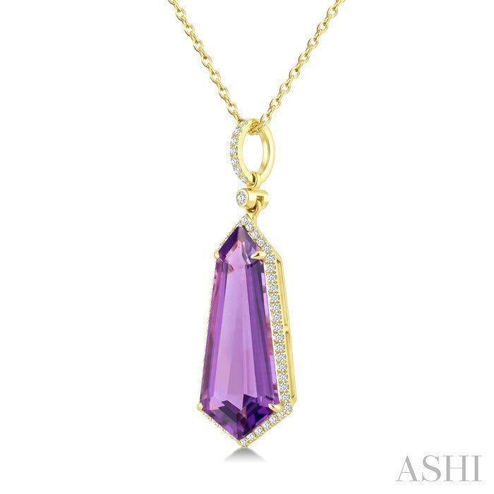 22X9 MM Evoque Gemstones Shield Shape Amethyst and 1/4 Ctw Round Cut Diamond Semi-Precious Pendant With Chain in 14K Yellow Gold