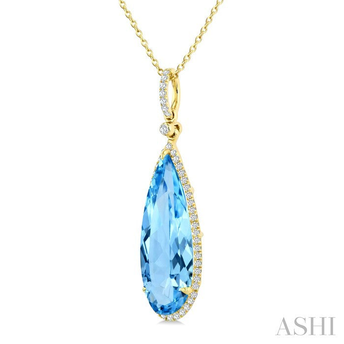 22X8 MM Evoque Gemstones Pear Shape Blue Topaz and 1/4 Ctw Round Cut Diamond Semi-Precious Pendant With Chain in 14K Yellow Gold