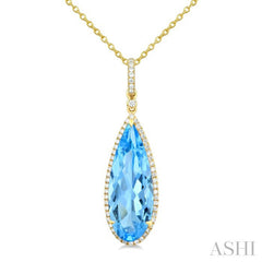 22X8 MM Evoque Gemstones Pear Shape Blue Topaz and 1/4 Ctw Round Cut Diamond Semi-Precious Pendant With Chain in 14K Yellow Gold