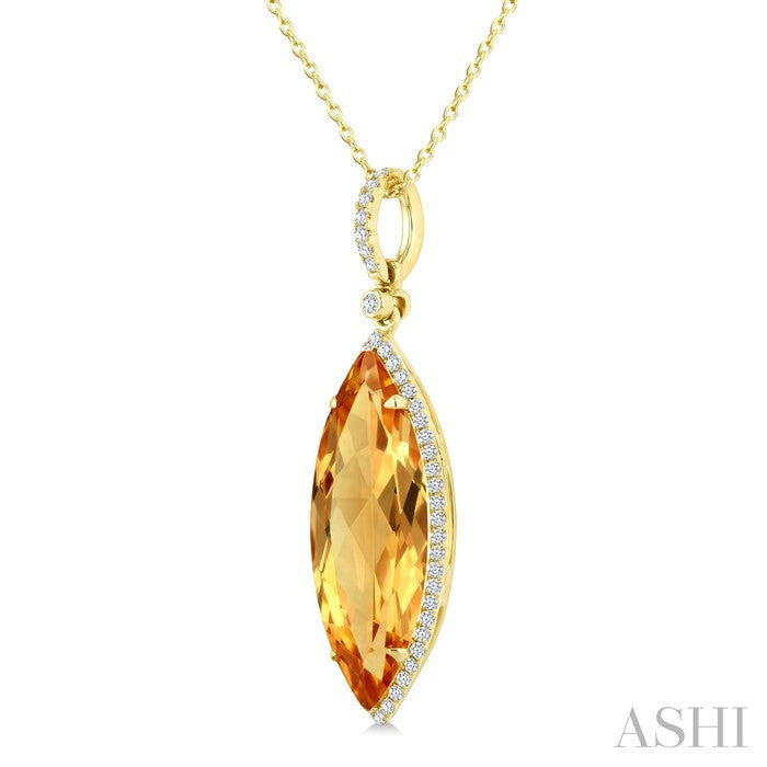 22X8 MM Evoque Gemstone Marquise Shape Citrine and 1/4 Ctw Round Cut Diamond Semi-Precious Pendant With Chain in 14K Yellow Gold