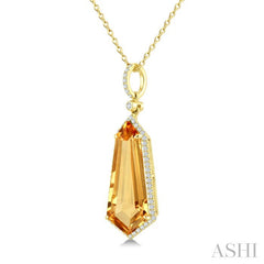 22X9 MM Evoque Gemstone Shield Shape Citrine and 1/4 Ctw Round Cut Diamond Semi-Precious Pendant With Chain in 14K Yellow Gold