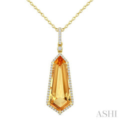 22X9 MM Evoque Gemstone Shield Shape Citrine and 1/4 Ctw Round Cut Diamond Semi-Precious Pendant With Chain in 14K Yellow Gold