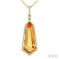 22X9 MM Evoque Gemstone Shield Shape Citrine and 1/4 Ctw Round Cut Diamond Semi-Precious Pendant With Chain in 14K Yellow Gold