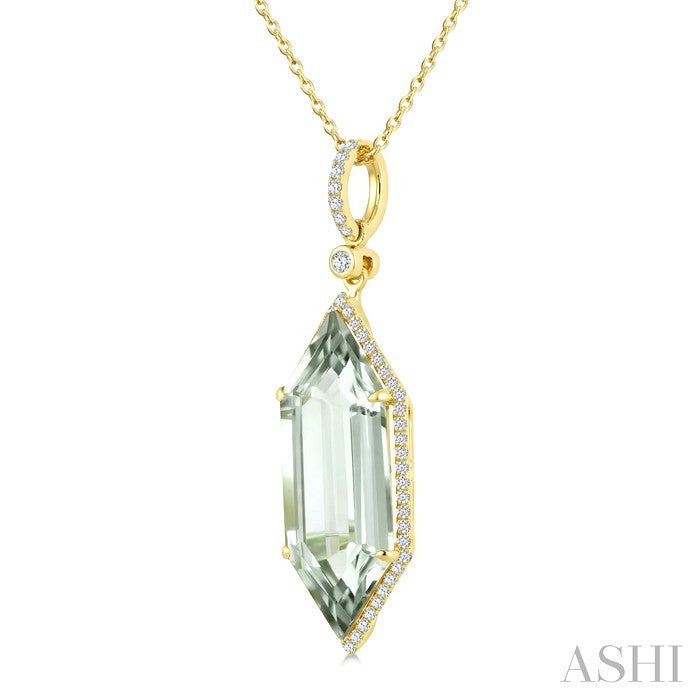 22X8 MM Evoque Gemstone Hexagon Shape Green Amethyst and 1/4 Ctw Round Cut Diamond Semi-Precious Pendant With Chain in 14K Yellow Gold