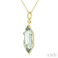 22X8 MM Evoque Gemstone Hexagon Shape Green Amethyst and 1/4 Ctw Round Cut Diamond Semi-Precious Pendant With Chain in 14K Yellow Gold