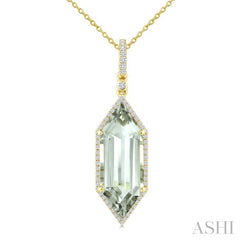 22X8 MM Evoque Gemstone Hexagon Shape Green Amethyst and 1/4 Ctw Round Cut Diamond Semi-Precious Pendant With Chain in 14K Yellow Gold