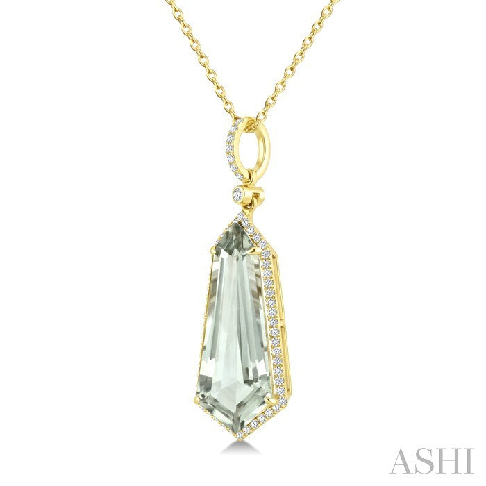 22X9 MM Evoque Gemstone Shield Shape Green Amethyst and 1/4 Ctw Round Cut Diamond Semi-Precious Pendant With Chain in 14K Yellow Gold
