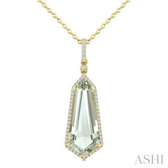 22X9 MM Evoque Gemstone Shield Shape Green Amethyst and 1/4 Ctw Round Cut Diamond Semi-Precious Pendant With Chain in 14K Yellow Gold