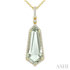 22X9 MM Evoque Gemstone Shield Shape Green Amethyst and 1/4 Ctw Round Cut Diamond Semi-Precious Pendant With Chain in 14K Yellow Gold