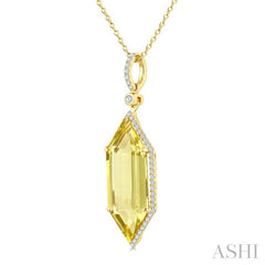 22X8 MM Evoque Gemstones Hexagon Shape Lemon Quartz and 1/4 Ctw Round Cut Diamond Semi-Precious Pendant With Chain in 14K Yellow Gold
