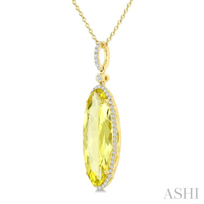 22X8 MM Evoque Gemstones Oval Shape Lemon Quartz and 1/4 Ctw Round Cut Diamond Semi-Precious Pendant With Chain in 14K Yellow Gold