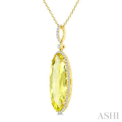 22X8 MM Evoque Gemstones Oval Shape Lemon Quartz and 1/4 Ctw Round Cut Diamond Semi-Precious Pendant With Chain in 14K Yellow Gold