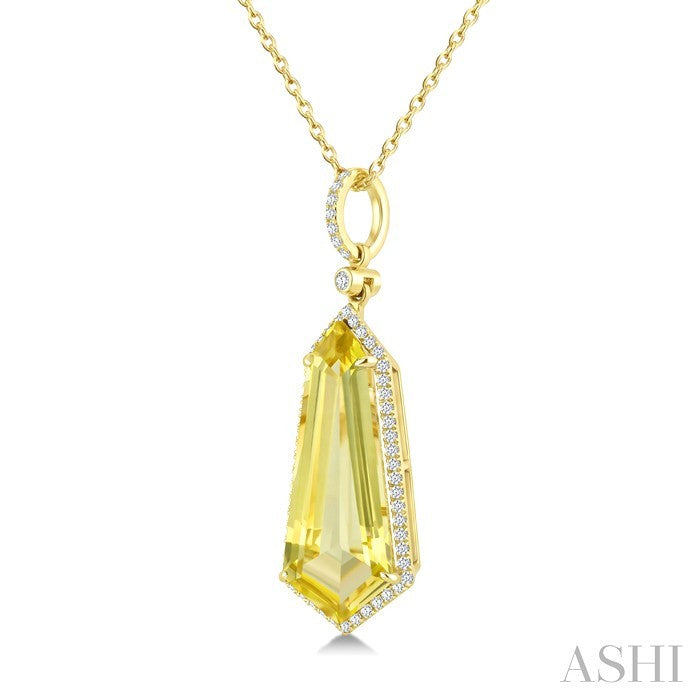 22X9 MM Evoque Gemstones Shield Shape Lemon Quartz and 1/4 Ctw Round Cut Diamond Semi-Precious Pendant With Chain in 14K Yellow Gold