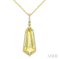 22X9 MM Evoque Gemstones Shield Shape Lemon Quartz and 1/4 Ctw Round Cut Diamond Semi-Precious Pendant With Chain in 14K Yellow Gold
