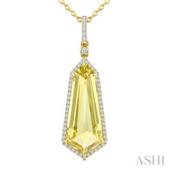 22X9 MM Evoque Gemstones Shield Shape Lemon Quartz and 1/4 Ctw Round Cut Diamond Semi-Precious Pendant With Chain in 14K Yellow Gold