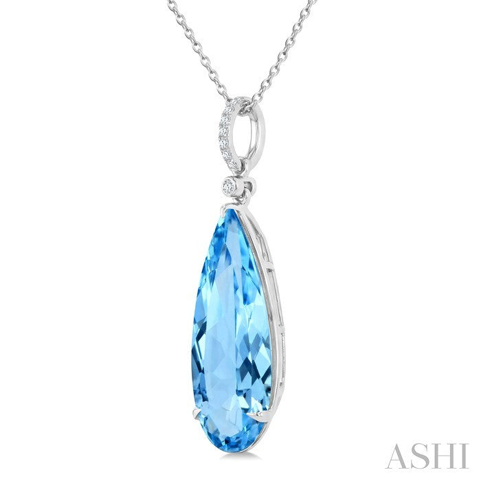 22X8 MM Evoque Gemstones Pear Shape Blue Topaz and 1/20 Ctw Round Cut Diamond Semi-Precious Pendant With Chain in 14K White Gold