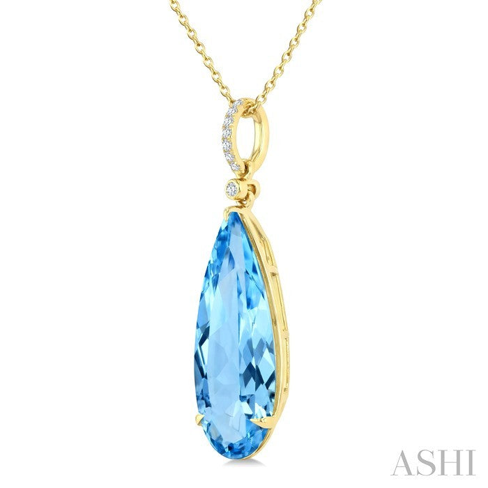 22X8 MM Evoque Gemstones Pear Shape Blue Topaz and 1/20 Ctw Round Cut Diamond Semi-Precious Pendant With Chain in 14K Yellow Gold