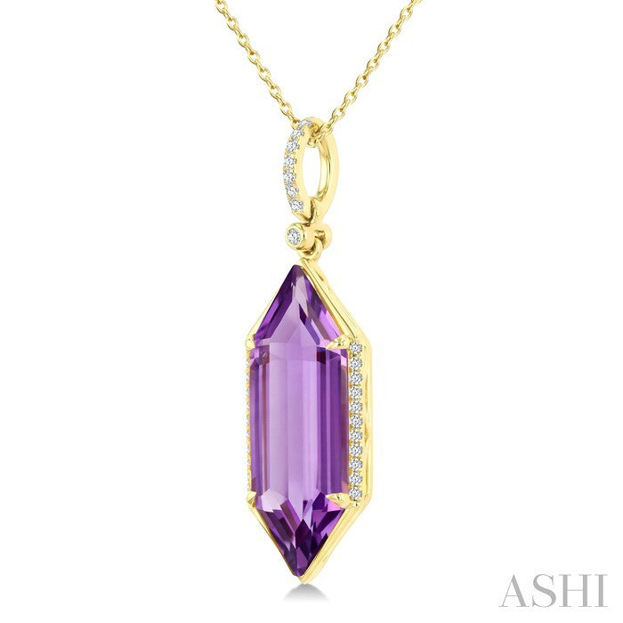 22X8 MM Evoque Gemstones Hexagon Shape Amethyst and 1/6 Ctw Round Cut Diamond Semi-Precious Pendant With Chain in 14K Yellow Gold