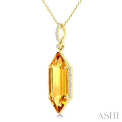 22X8 MM Evoque Gemstone Hexagon Shape Citrine and 1/6 Ctw Round Cut Diamond Semi-Precious Pendant With Chain in 14K Yellow Gold