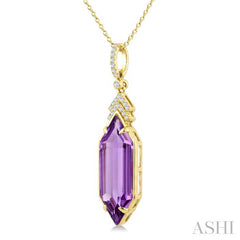 22X8 MM Evoque Gemstones Hexagon Shape Amethyst and 1/10 Ctw Round Cut Diamond Semi-Precious Pendant With Chain in 14K Yellow Gold