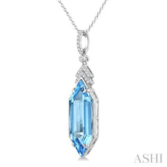 22X8 MM Evoque Gemstones Hexagon Shape Blue Topaz and 1/10 Ctw Round Cut Diamond Semi-Precious Pendant With Chain in 14K White Gold
