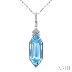22X8 MM Evoque Gemstones Hexagon Shape Blue Topaz and 1/10 Ctw Round Cut Diamond Semi-Precious Pendant With Chain in 14K White Gold