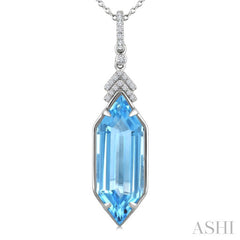 22X8 MM Evoque Gemstones Hexagon Shape Blue Topaz and 1/10 Ctw Round Cut Diamond Semi-Precious Pendant With Chain in 14K White Gold
