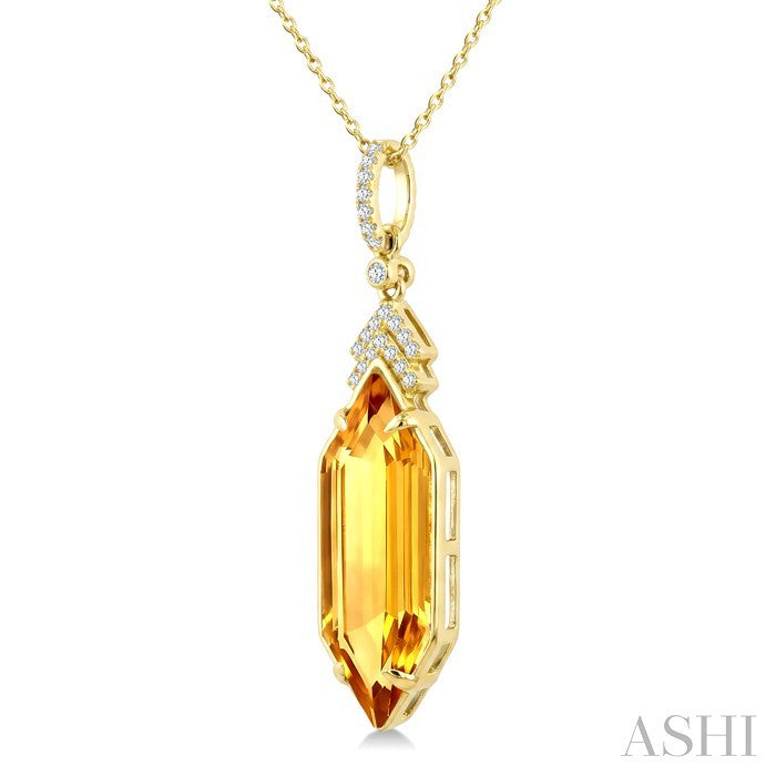 22X8 MM Evoque Gemstone Hexagon Shape Citrine and 1/10 Ctw Round Cut Diamond Semi-Precious Pendant With Chain in 14K Yellow Gold