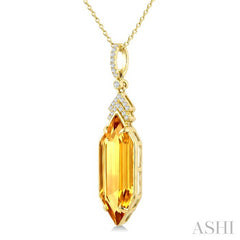 22X8 MM Evoque Gemstone Hexagon Shape Citrine and 1/10 Ctw Round Cut Diamond Semi-Precious Pendant With Chain in 14K Yellow Gold